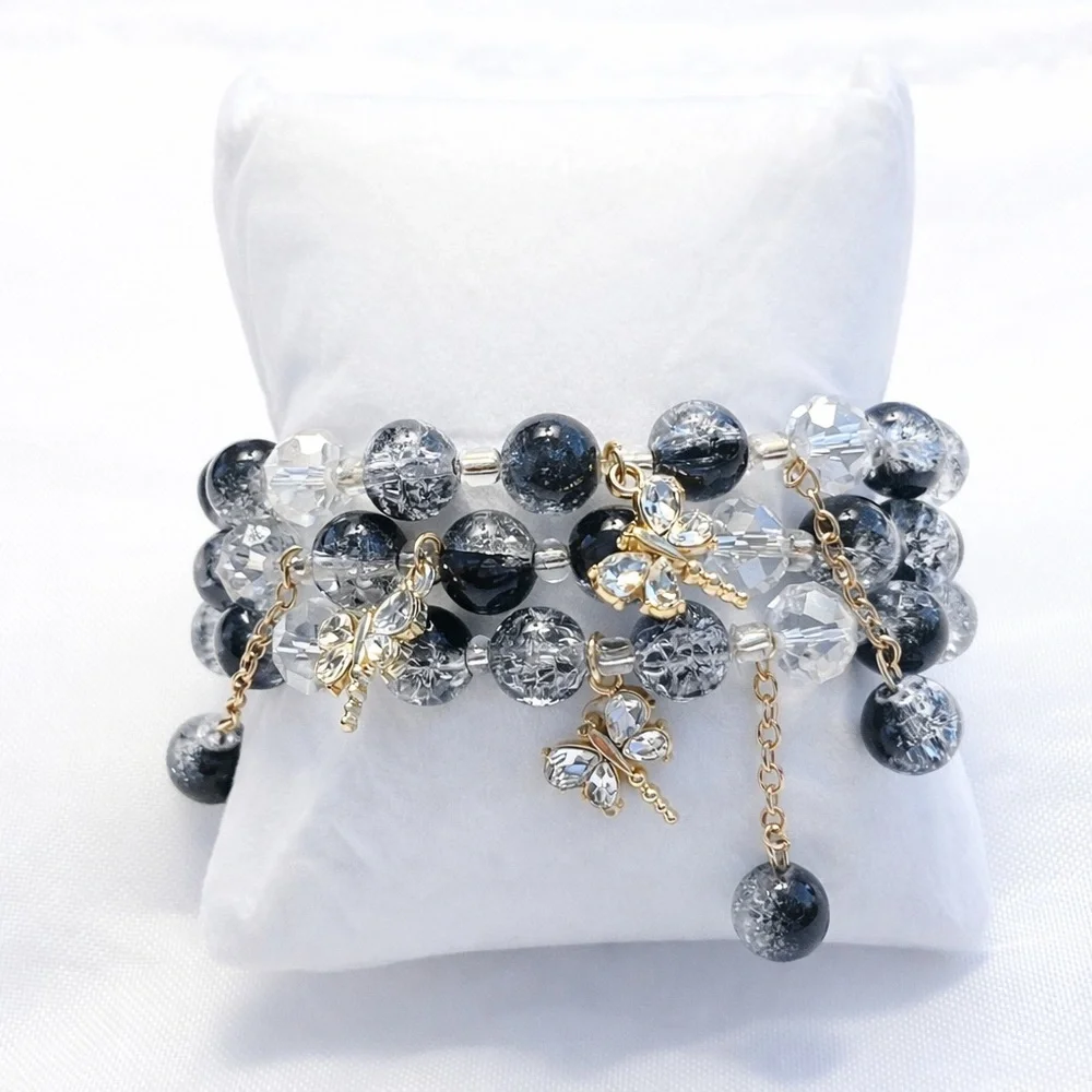 Set of 3 Glass Bead Stretch Bracelets Black Clear Crystal Butterfly